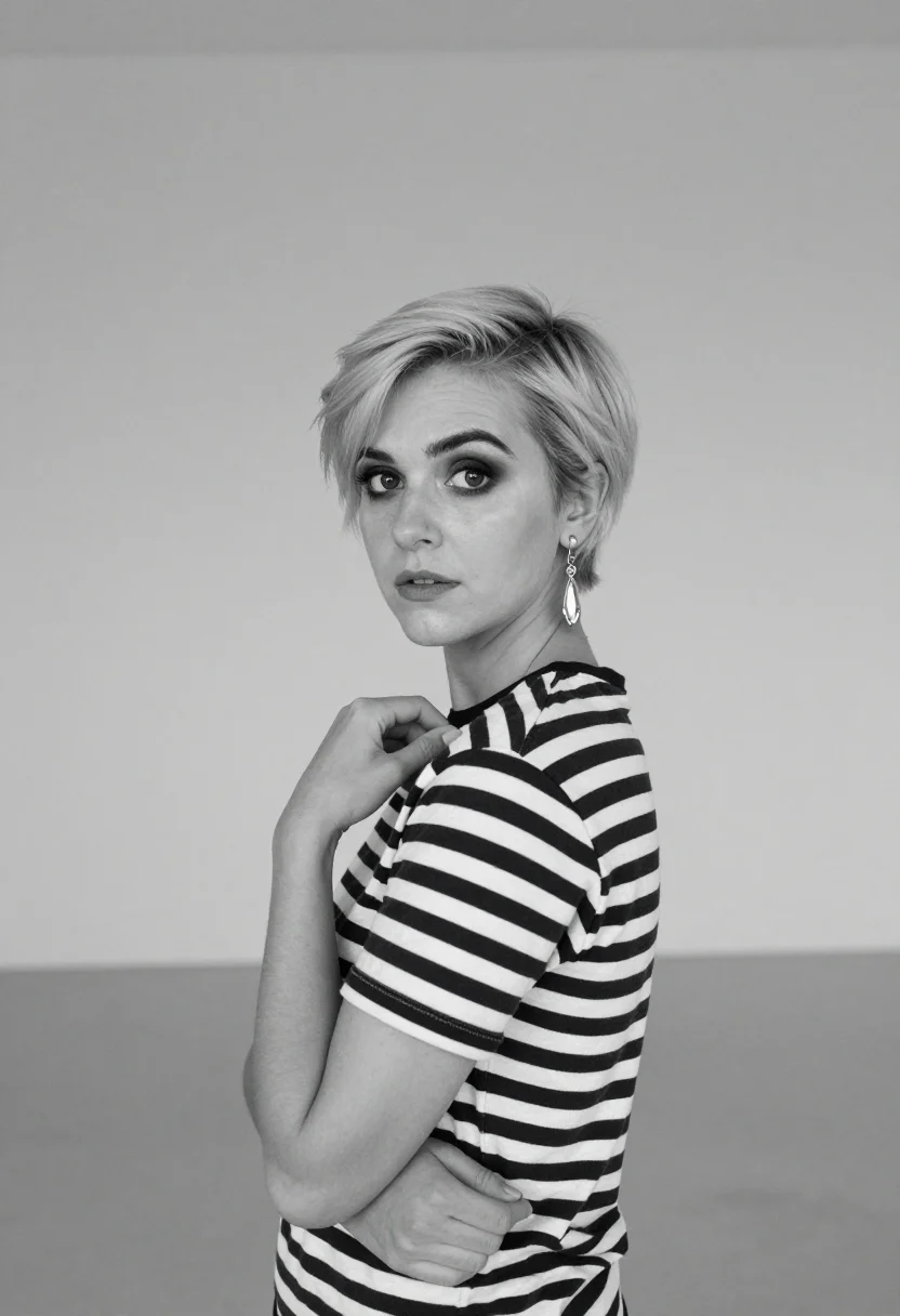 AI edie sedgwick sample — portrait of a woman, half-length over-the-shoulder portrait
