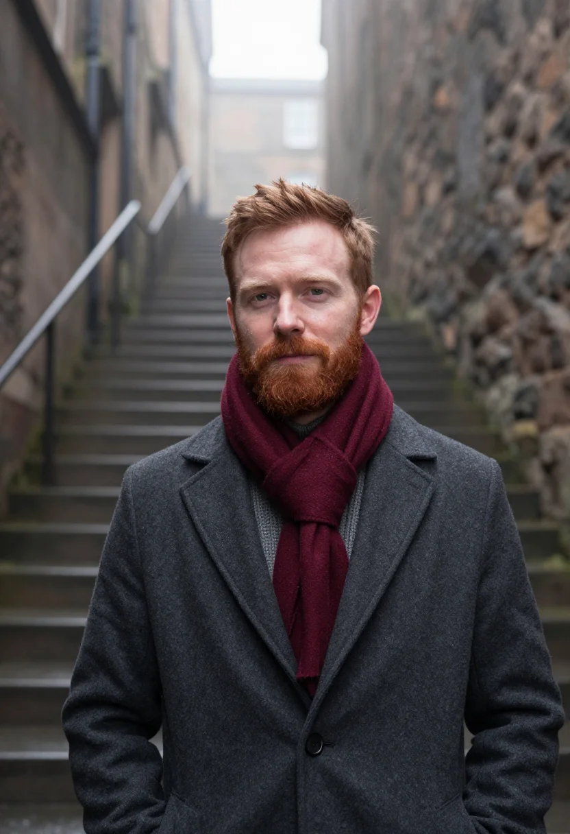 AI edinburgh fog burgundy sample — portrait of a man, framed tight, head and shoulders, the bod