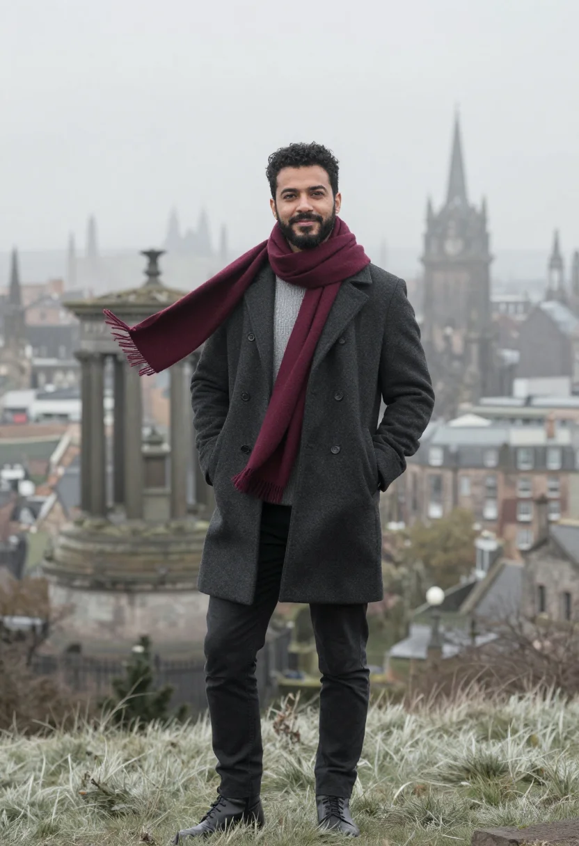 AI edinburgh fog burgundy sample — portrait of a man, framed three-quarter length from the knee