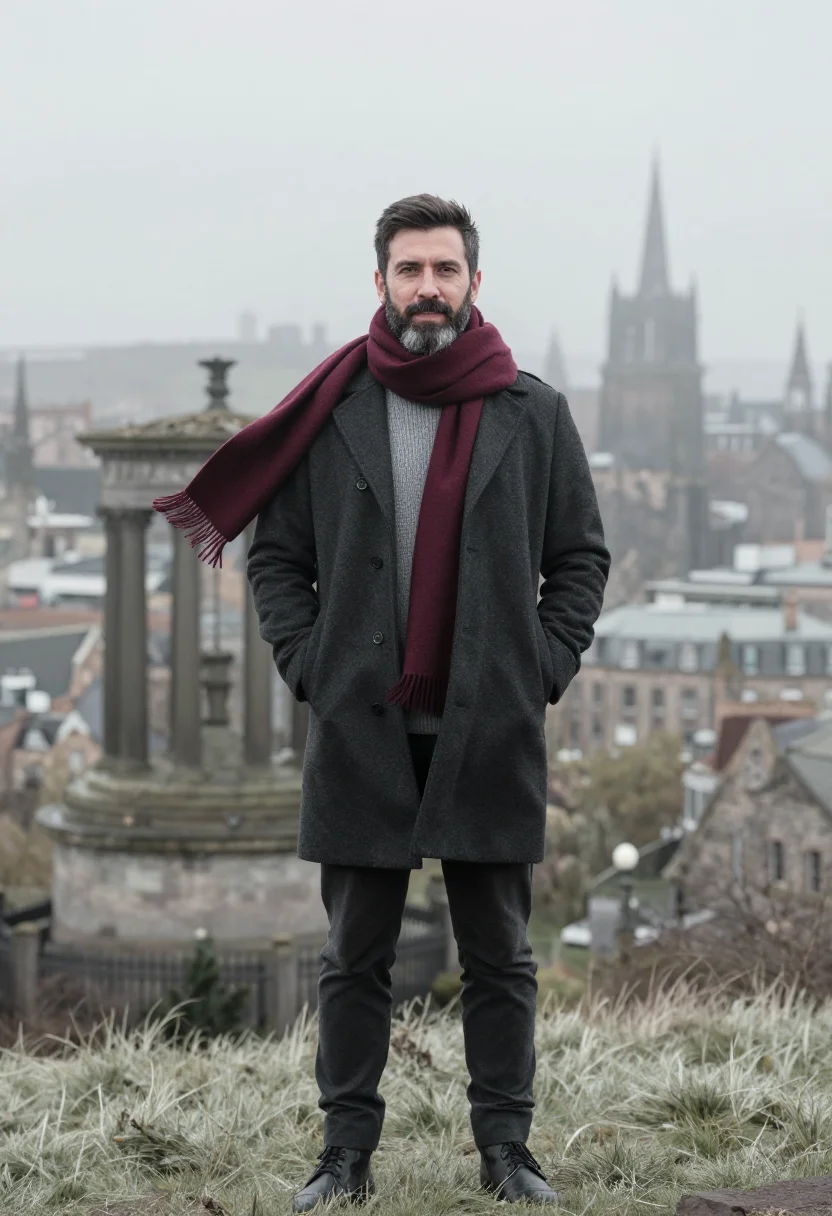 AI edinburgh fog burgundy sample — portrait of a man, framed chest-up, the crop stopping at the
