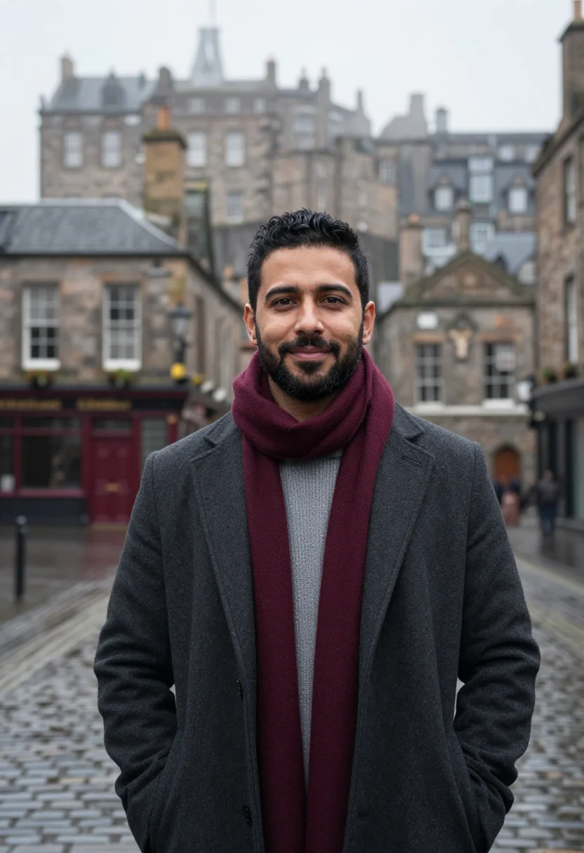 AI edinburgh fog burgundy sample — portrait of a man, framed chest-up, the crop stopping at the