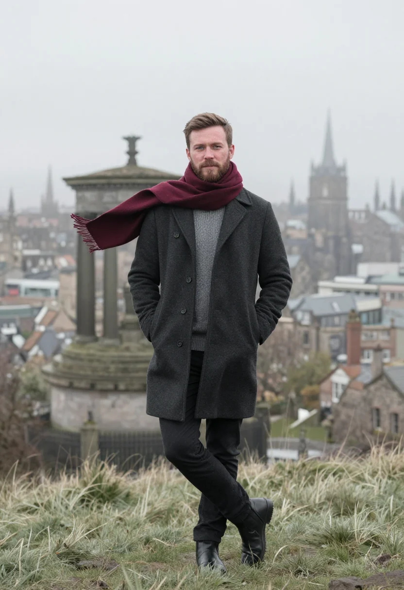 AI edinburgh fog burgundy sample — portrait of a man, framed full-length from head to shoes wit