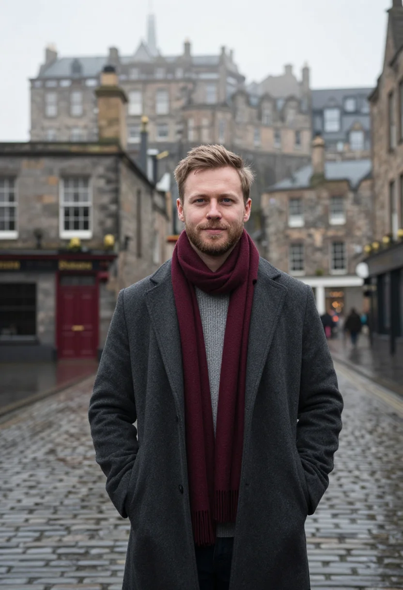 AI edinburgh fog burgundy sample — portrait of a man, framed half-length from the hips up, a mo