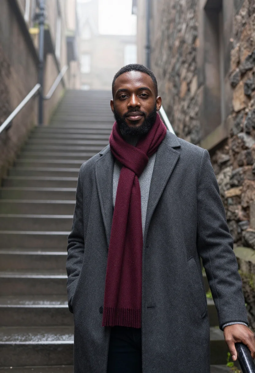AI edinburgh fog burgundy sample — portrait of a man, framed half-length from the hips up, a mo
