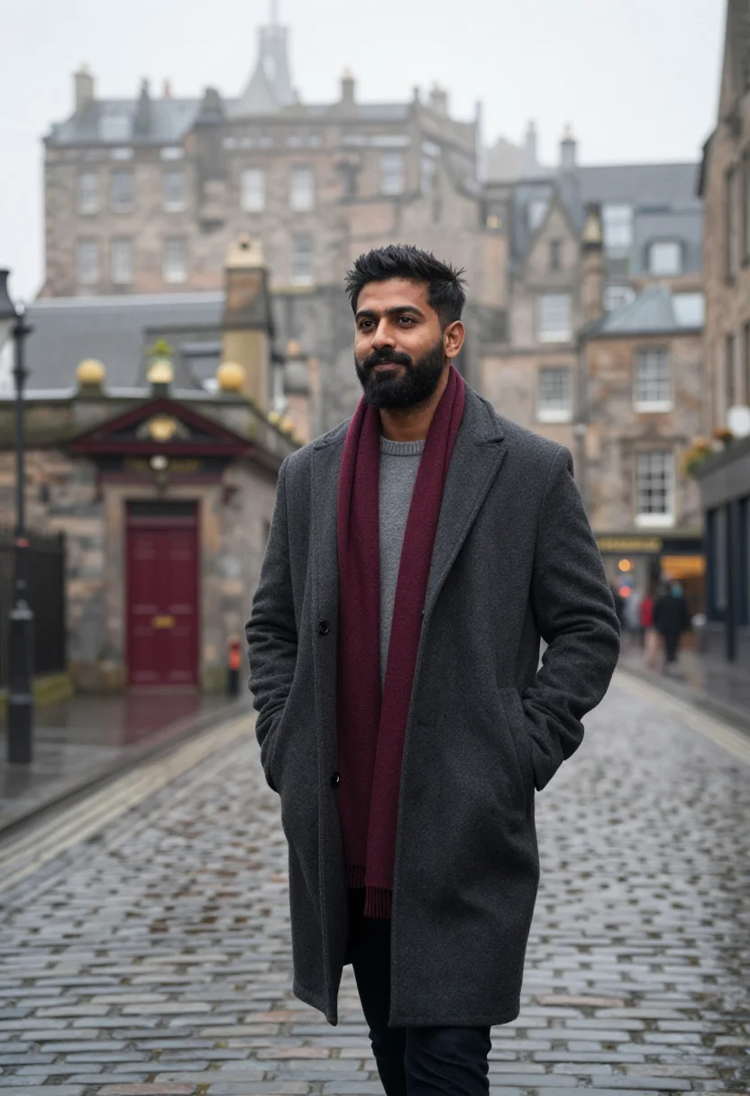 AI edinburgh fog burgundy sample — portrait of a man, framed three-quarter length from the knee