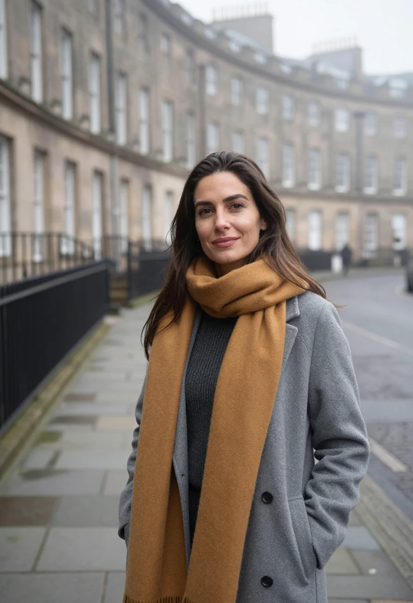 AI edinburgh fog mustard sample — portrait of a woman, framed chest-up, the crop stopping at t