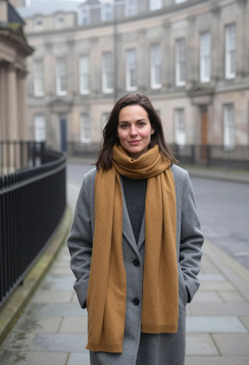 AI edinburgh fog mustard sample — portrait of a woman, framed half-length from the hips up, a