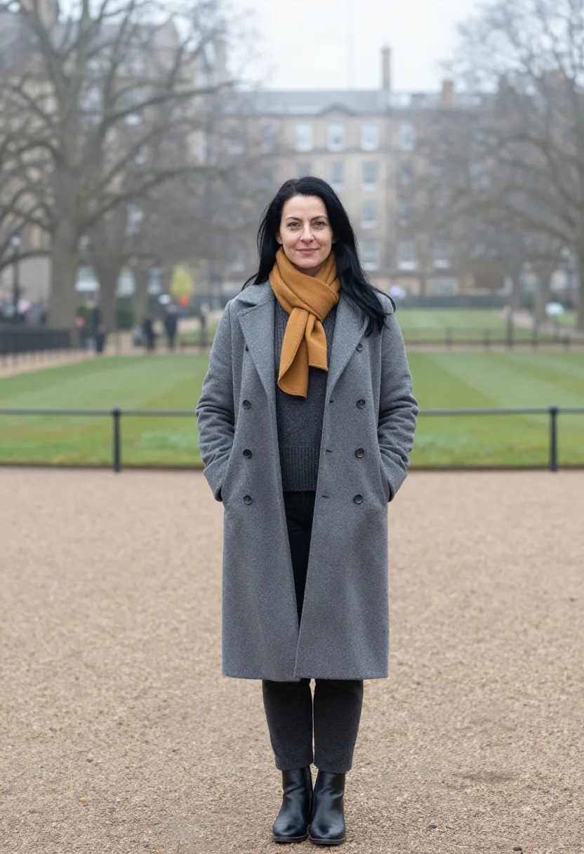 AI edinburgh fog mustard sample — portrait of a woman, framed three-quarter length from the kn