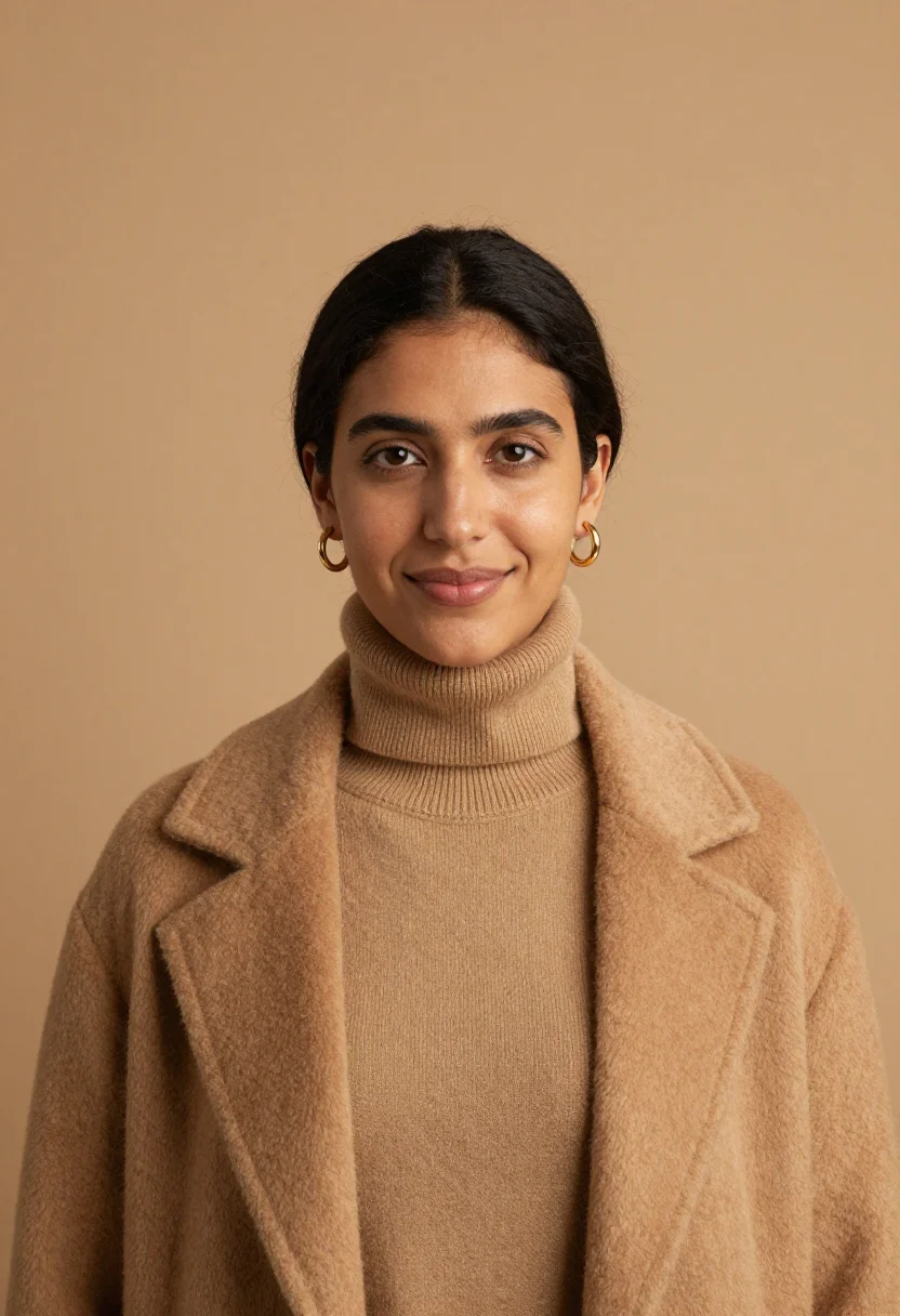 AI editor camel sample — portrait of a woman, framed chest-up, a Mediterranean woman