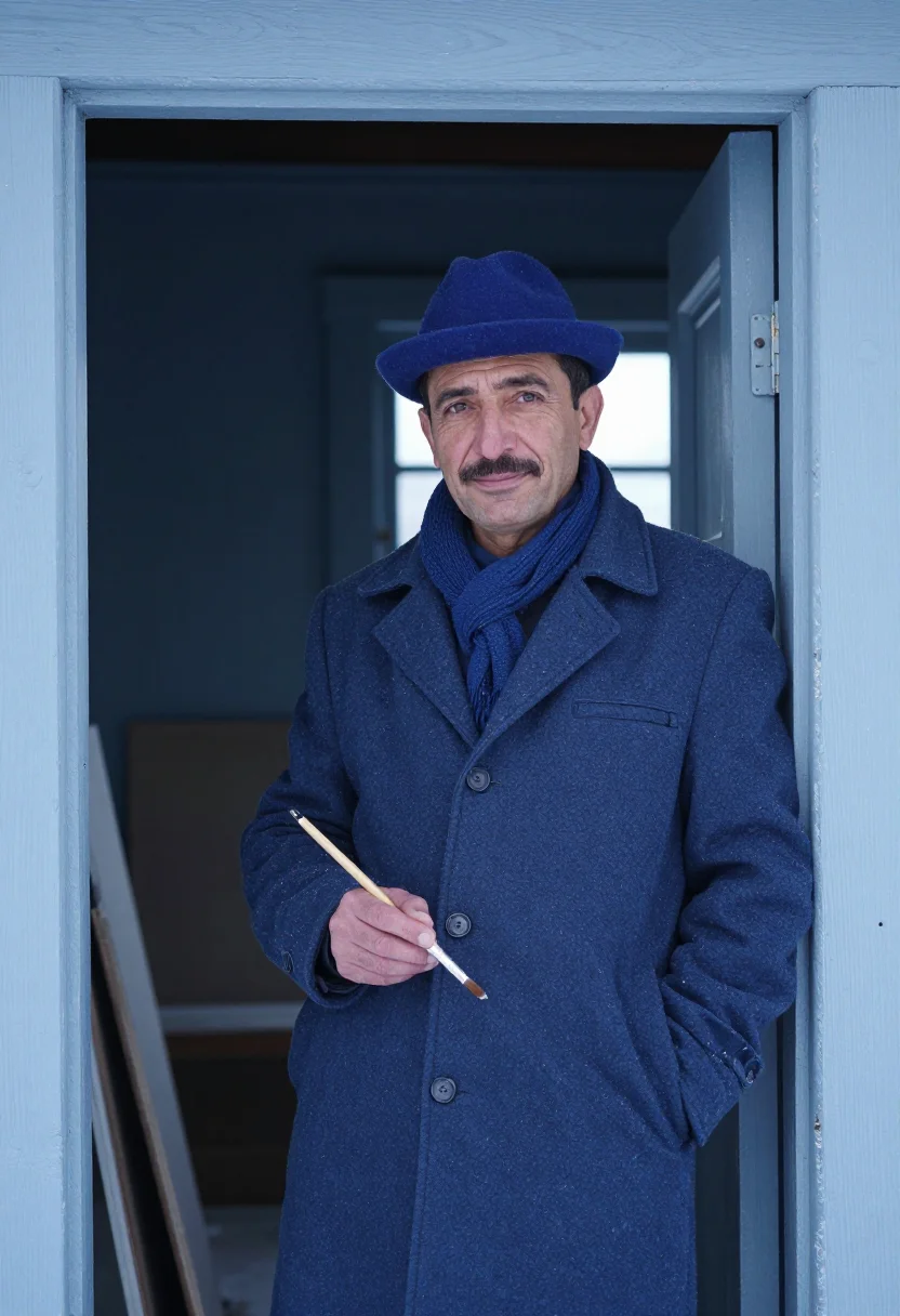 AI edvard munch ekely january snow blue sample — portrait of a man, framed from the waist up, the camera a fe