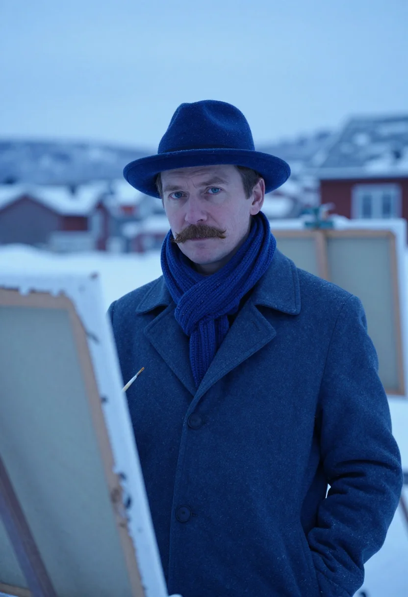 AI edvard munch ekely january snow blue sample — portrait of a man, framed tight, head and shoulders, the bod