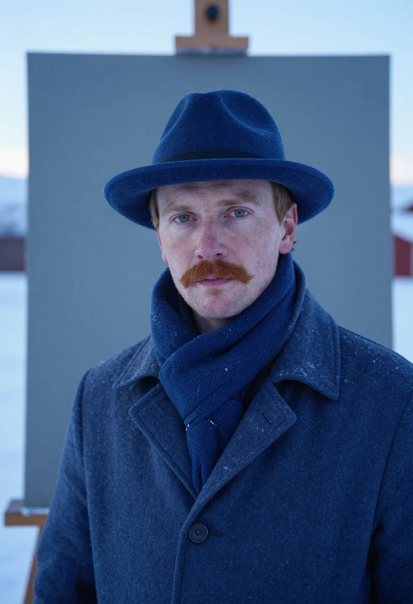 AI edvard munch ekely january snow blue sample — portrait of a man, framed tight, head and shoulders, the bod
