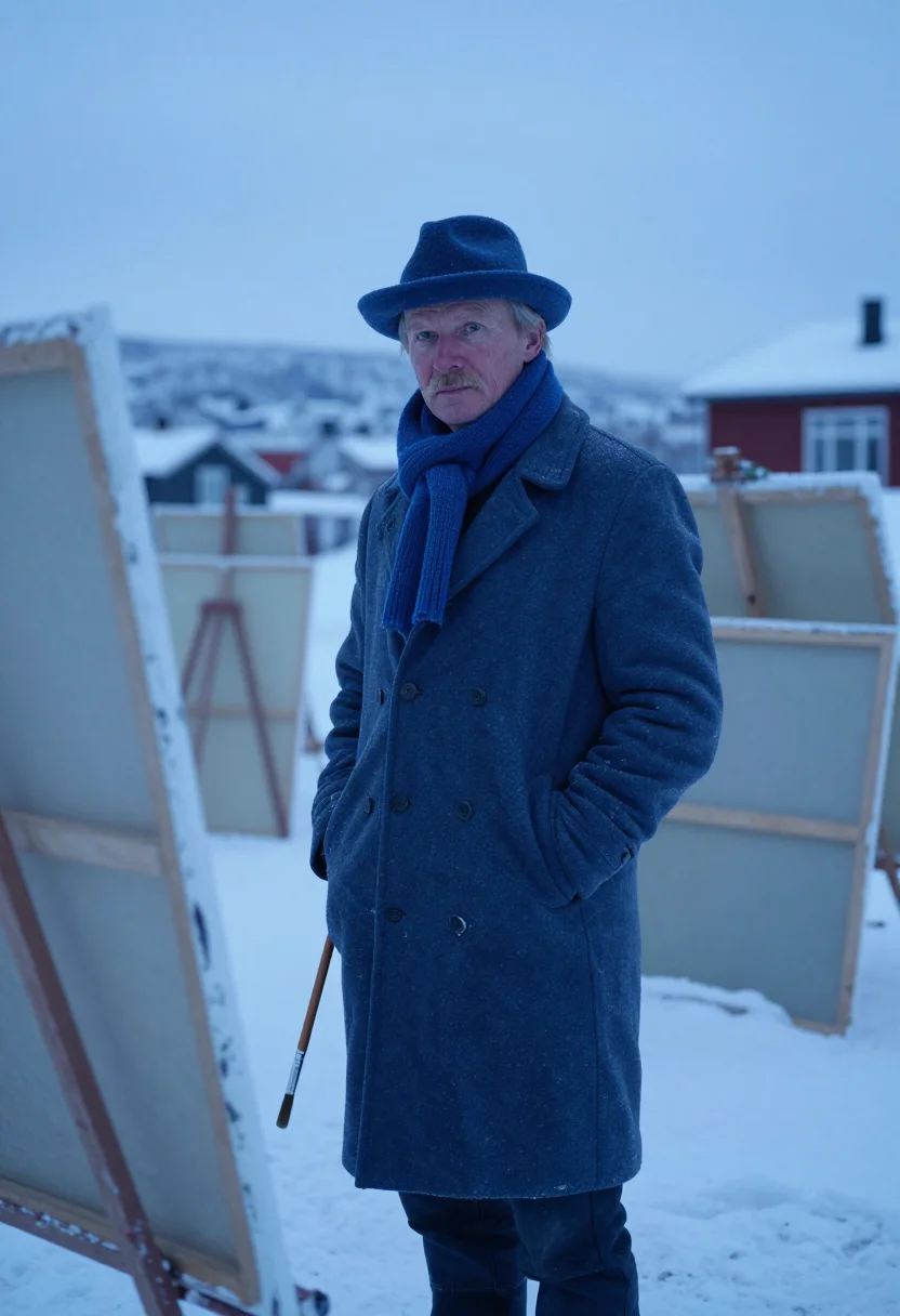 AI edvard munch ekely january snow blue sample — portrait of a man, framed three-quarter length from mid-thig