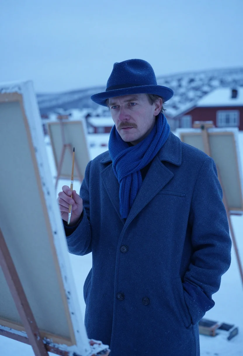 AI edvard munch ekely january snow blue sample — portrait of a man, framed chest-up from the breastbone, the