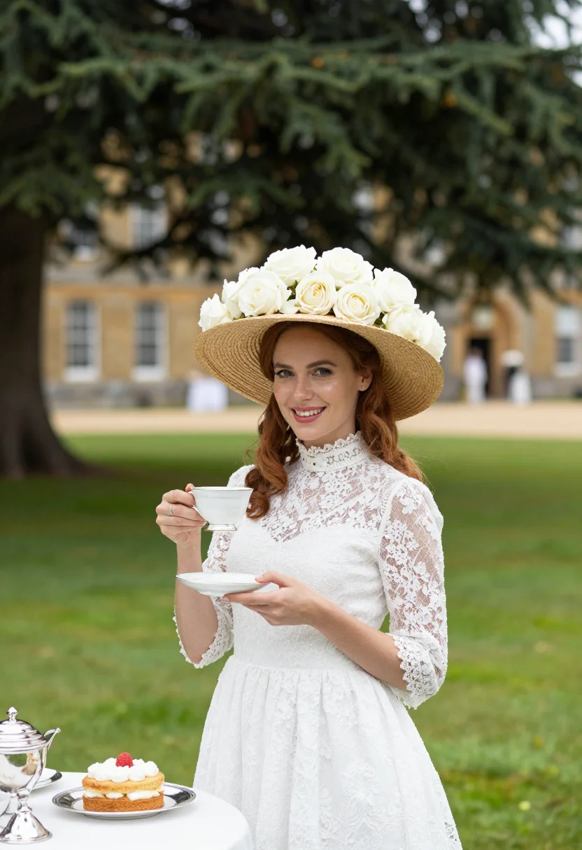 AI edwardian country house party sample — portrait of a woman, chest-up portrait of a Western-European