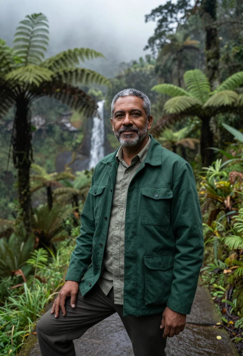 AI el yunque rainforest ecologist fern green sample — portrait of a man, an ecologist in his mid-fifties with deep