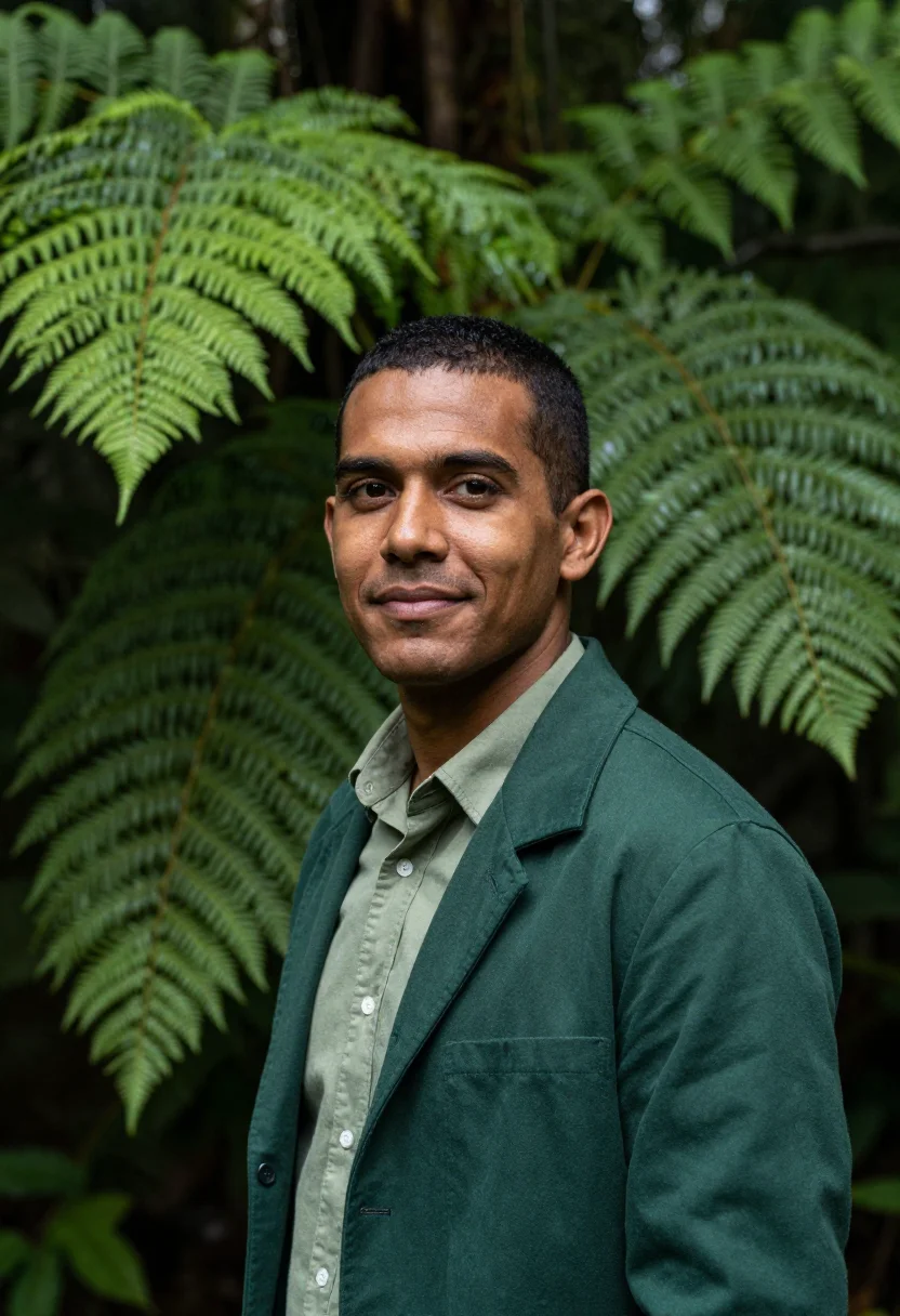AI el yunque rainforest ecologist fern green sample — portrait of a man, an ecologist in his mid-thirties with dee
