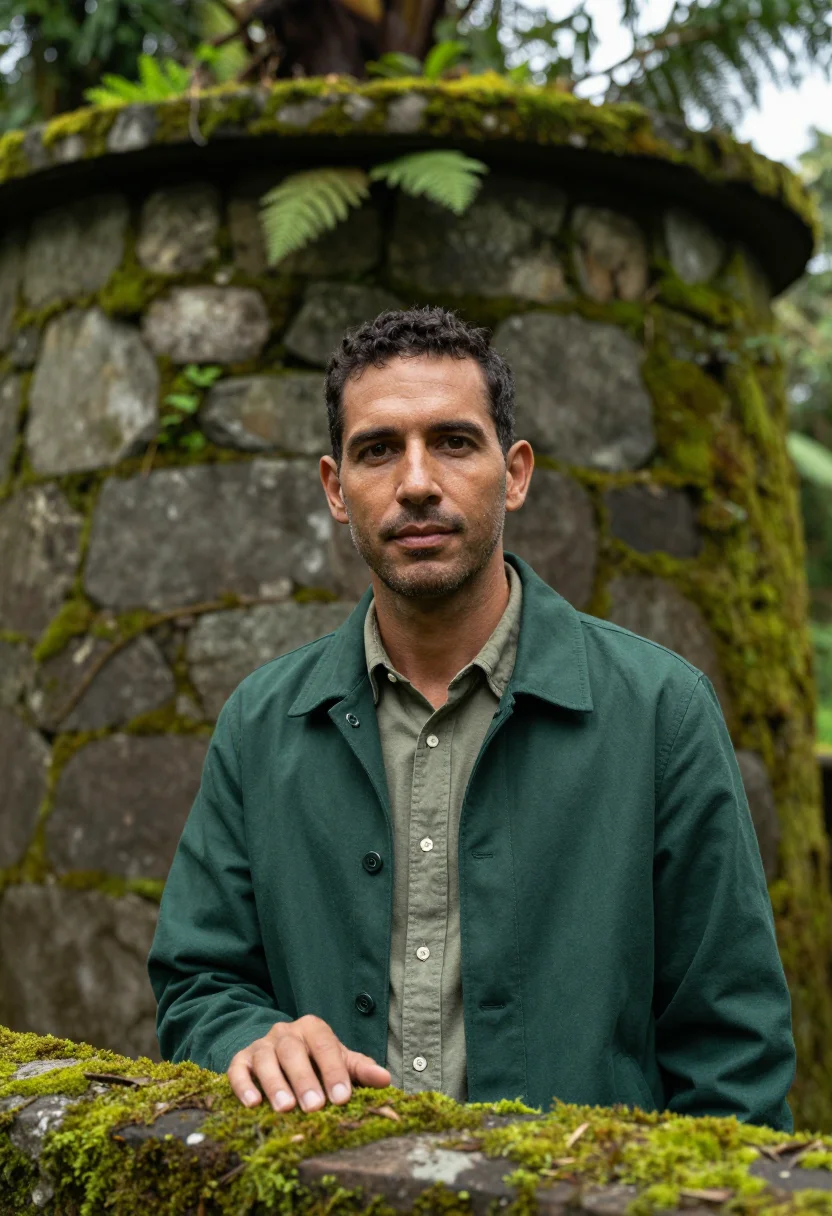 AI el yunque rainforest ecologist fern green sample — portrait of a man, an ecologist in his mid-forties with warm
