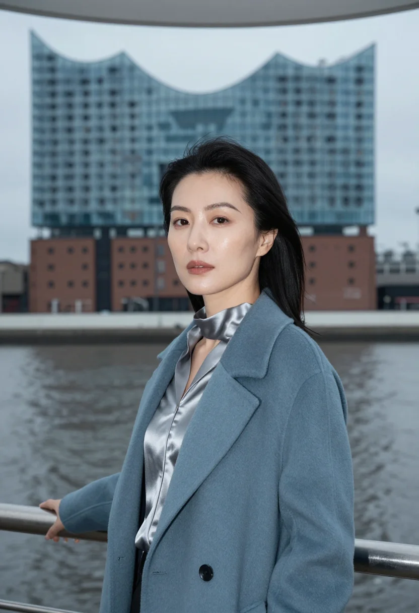 AI elbphilharmonie concert director glass wave blue sample — portrait of a woman, chest-up portrait of an East-Asian woma