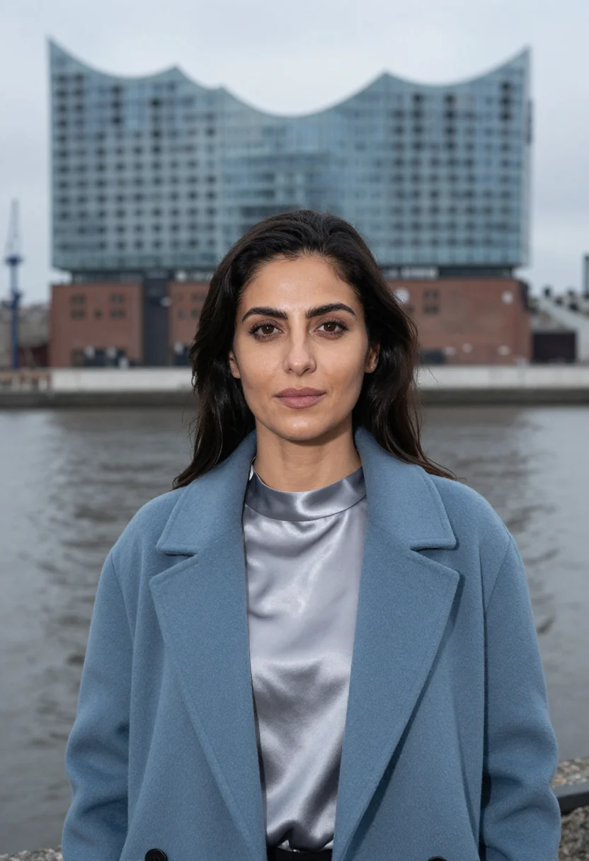 AI elbphilharmonie concert director glass wave blue sample — portrait of a woman, head-and-shoulders portrait of a Turkis