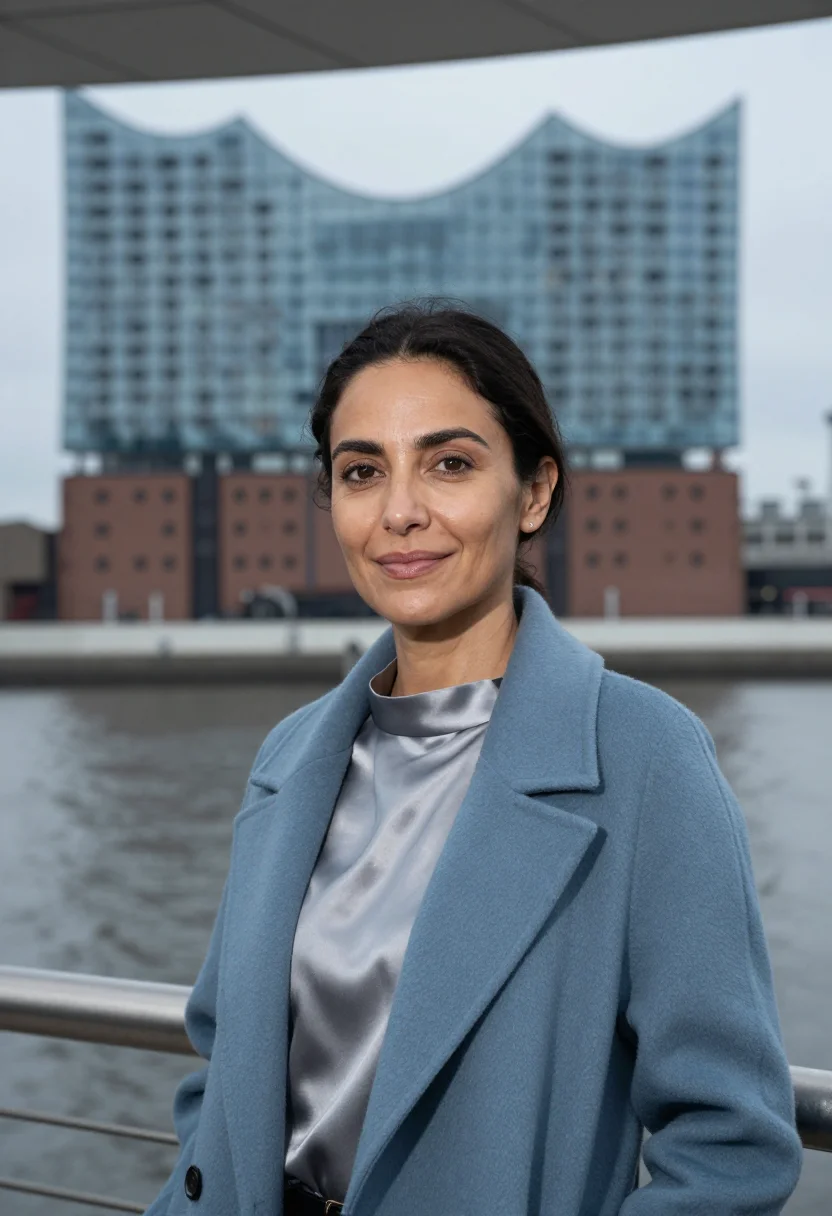 AI elbphilharmonie concert director glass wave blue sample — portrait of a woman, head-and-shoulders portrait of a Medite