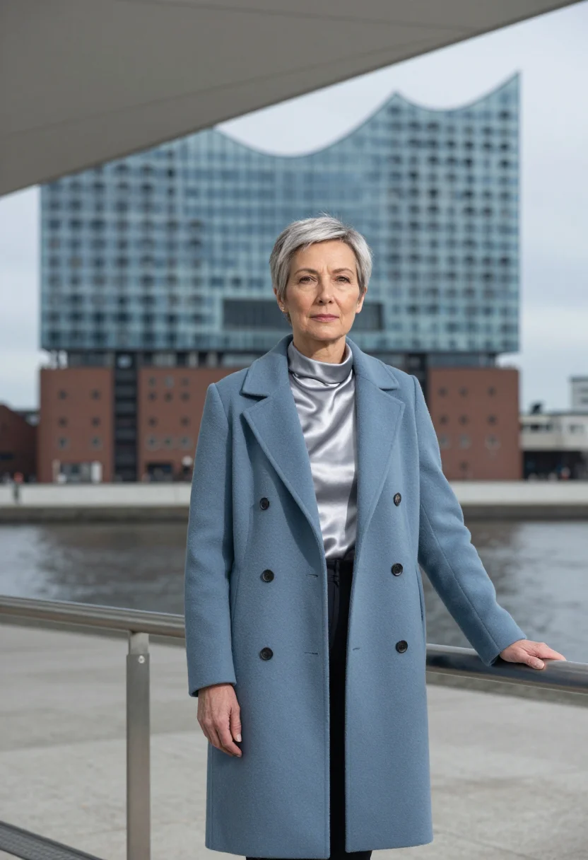 AI elbphilharmonie concert director glass wave blue sample — portrait of a woman, three-quarter-length portrait of a West