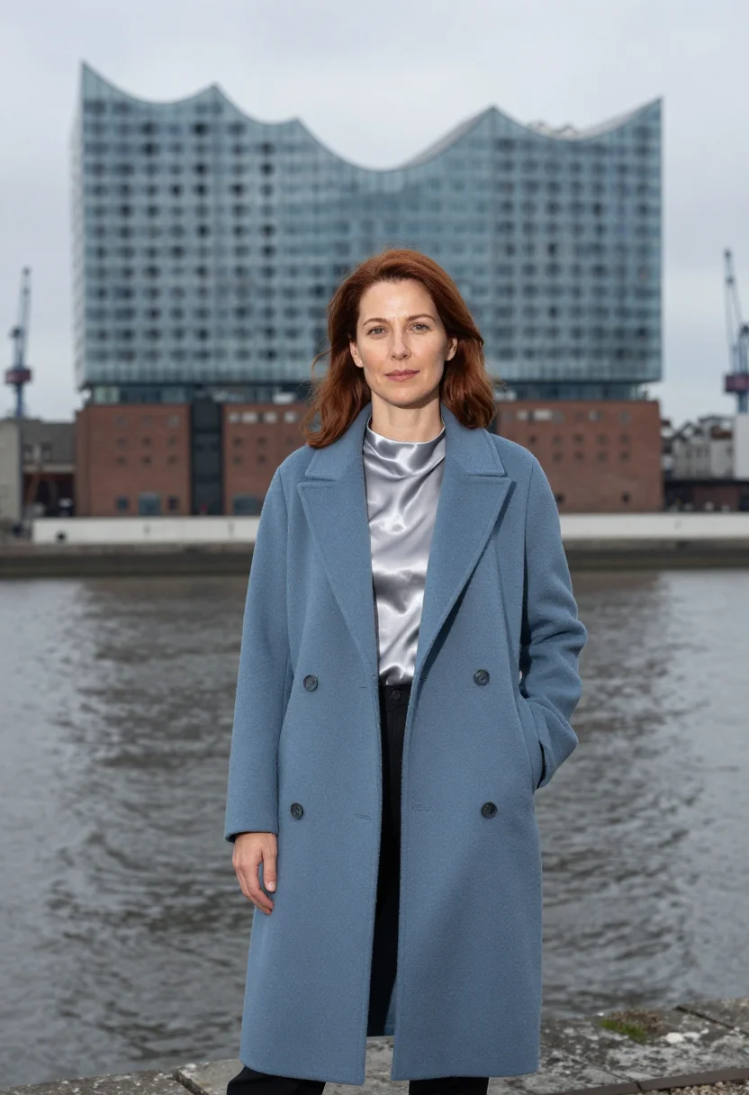 AI elbphilharmonie concert director glass wave blue sample — portrait of a woman, half-length portrait of a Western-Europ