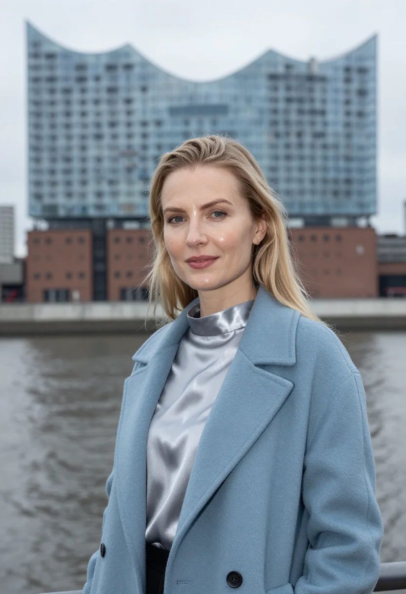 AI elbphilharmonie concert director glass wave blue sample — portrait of a woman, chest-up portrait of a Northern-Europea