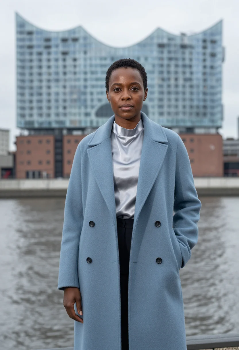 AI elbphilharmonie concert director glass wave blue sample — portrait of a woman, half-length portrait of a Black woman i