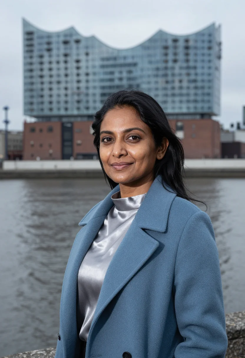 AI elbphilharmonie concert director glass wave blue sample — portrait of a woman, chest-up portrait of a South-Asian woma