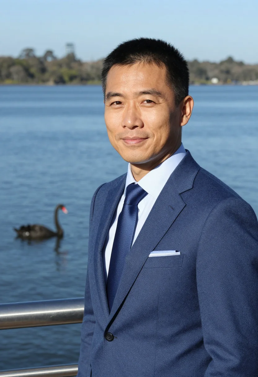 AI elizabeth quay mining executive glass blue sample — portrait of a man, framed tight, head and shoulders, the bod