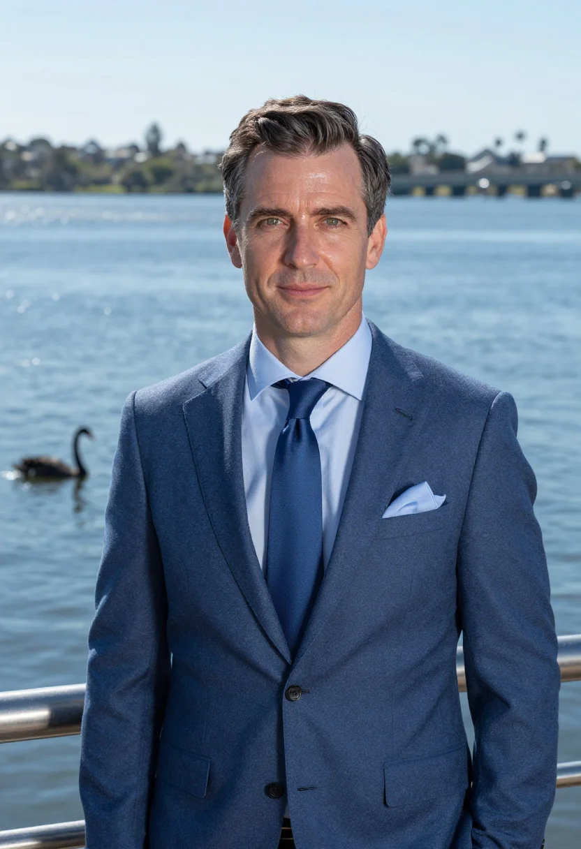 AI elizabeth quay mining executive glass blue sample — portrait of a man, framed chest-up, cropped at the ribs, the
