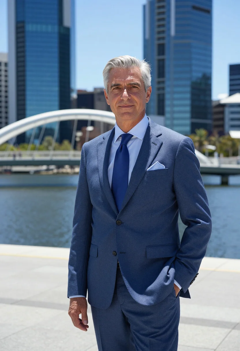 AI elizabeth quay mining executive glass blue sample — portrait of a man, framed at half-length, cropped at the hip