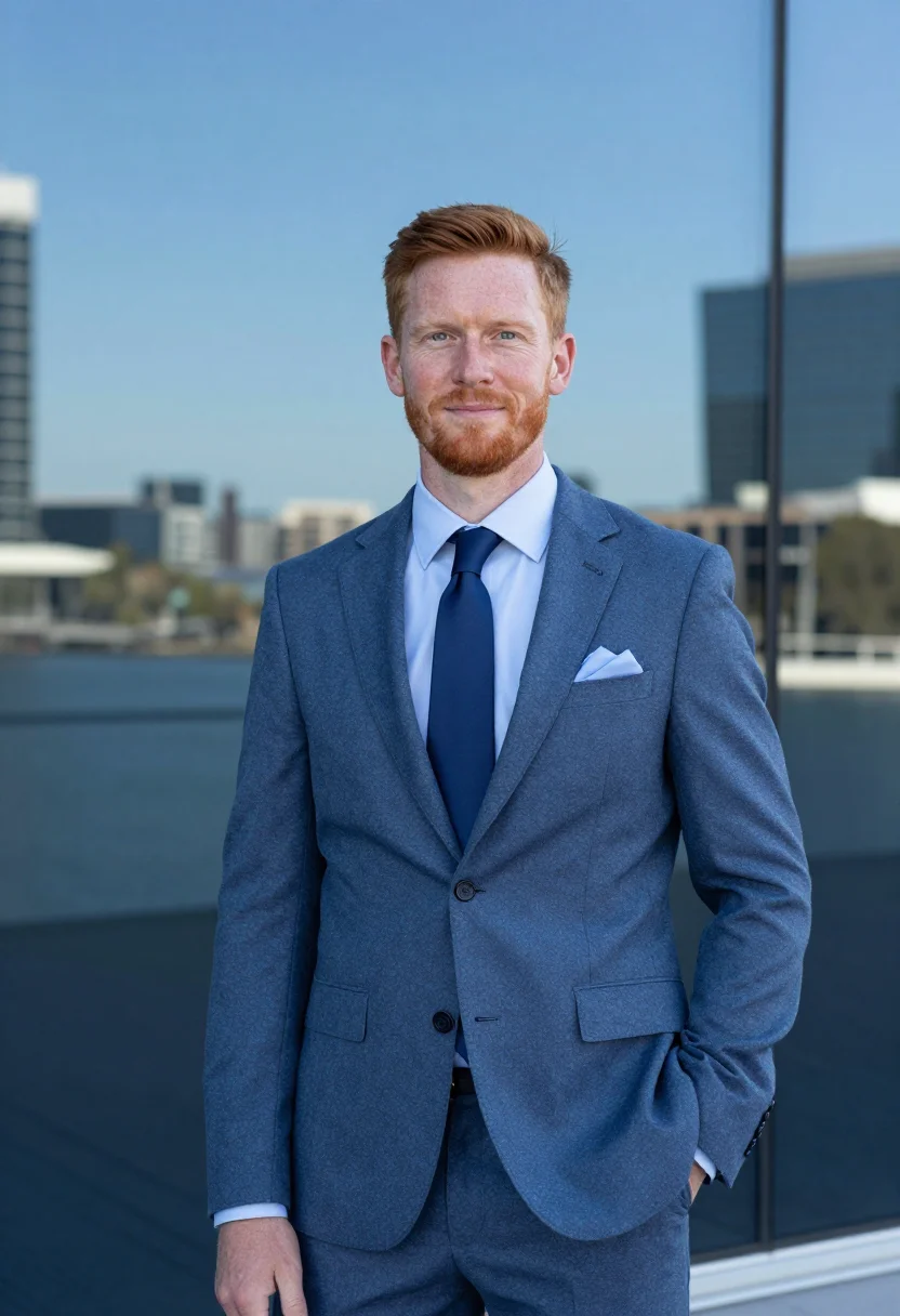 AI elizabeth quay mining executive glass blue sample — portrait of a man, framed at half-length, cropped at the hip