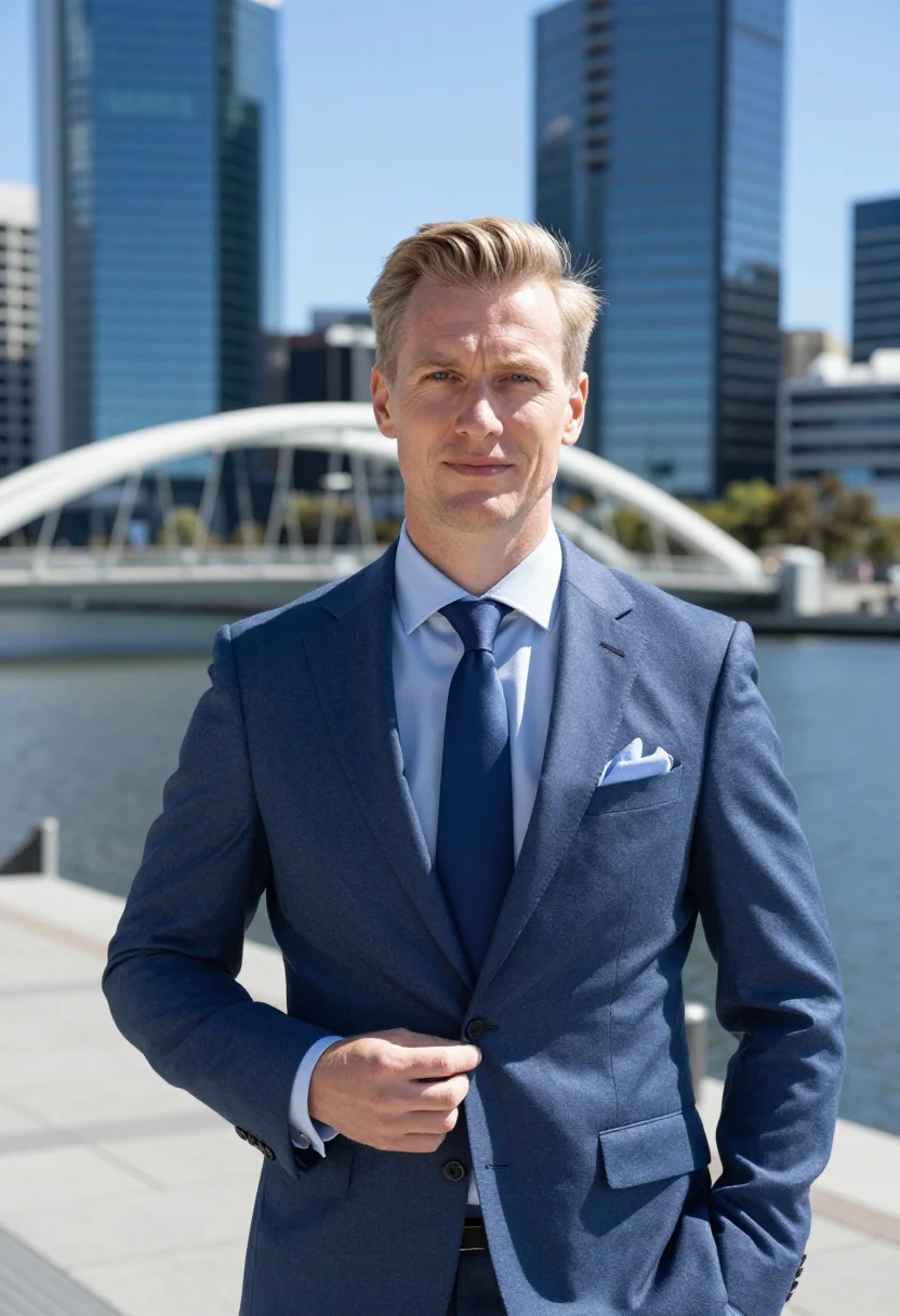 AI elizabeth quay mining executive glass blue sample — portrait of a man, framed chest-up, cropped at the ribs, the