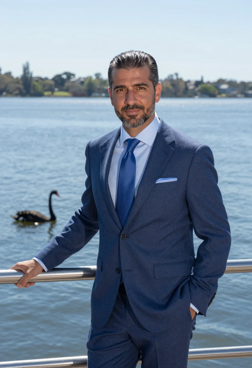 AI elizabeth quay mining executive glass blue sample — portrait of a man, framed at half-length, cropped at the hip