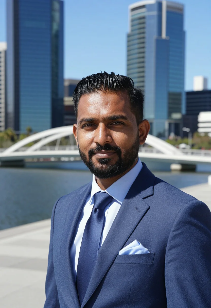 AI elizabeth quay mining executive glass blue sample — portrait of a man, framed tight, head and shoulders, the bod