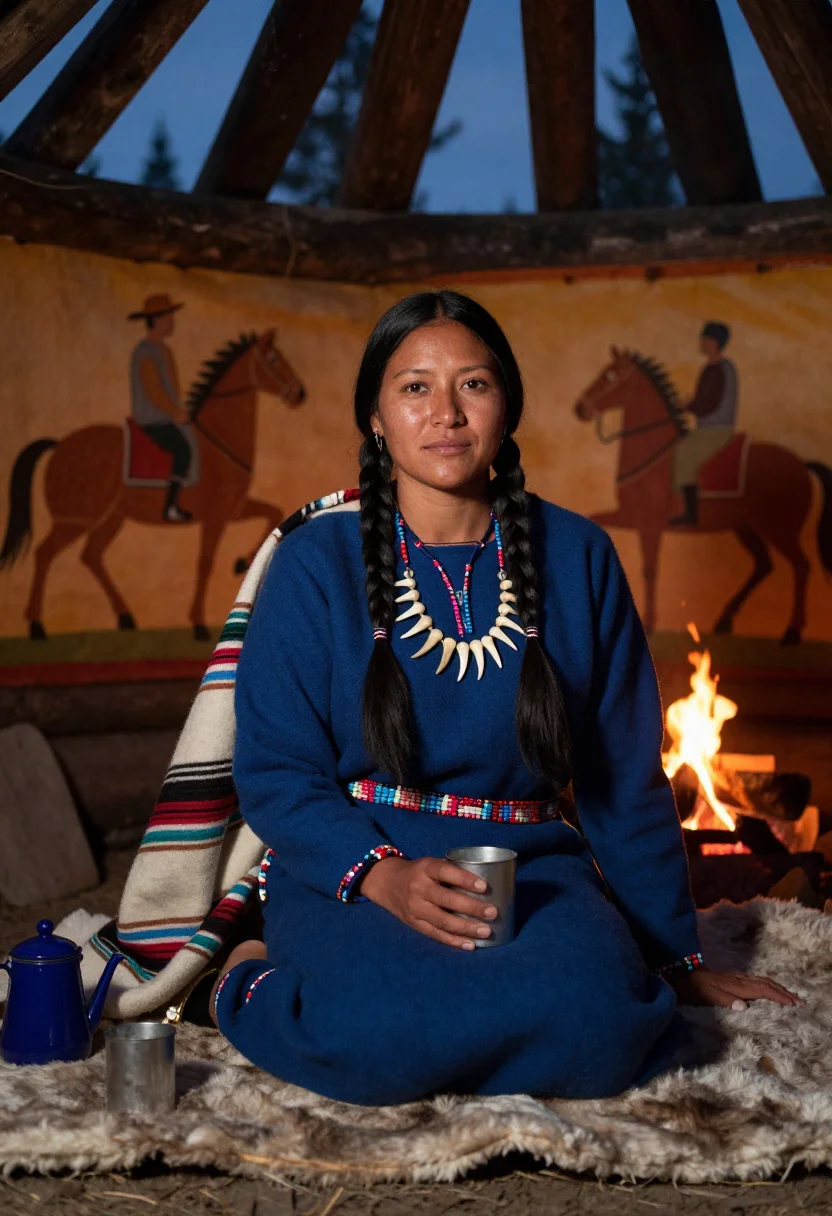 AI elk tooth dress sample — portrait of a woman, half-length portrait of a Crow woman wi