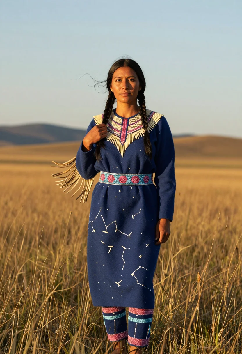 AI elk tooth dress sample — portrait of a woman, three-quarter-length portrait of a Crow