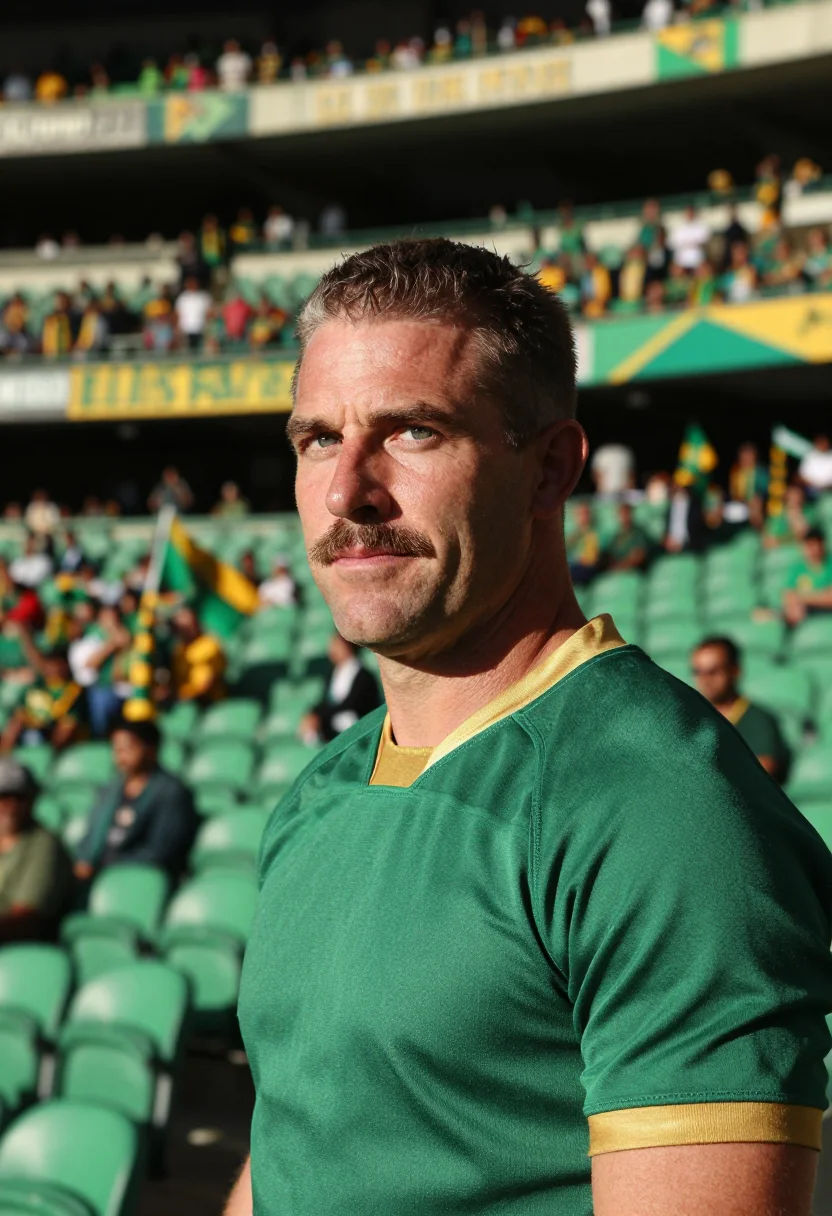 AI ellis park johannesburg springboks green gold sample — portrait of a man, a fan in his mid-forties of English South