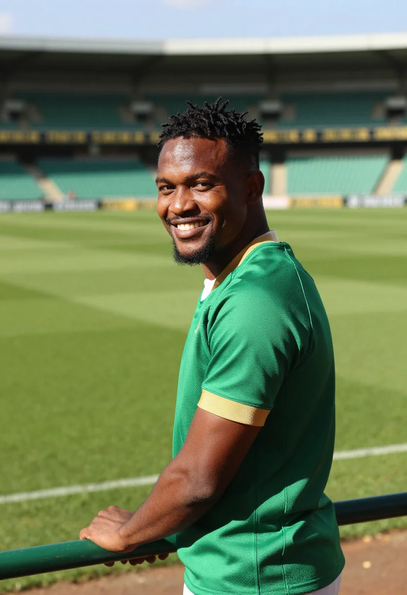 AI ellis park johannesburg springboks green gold sample — portrait of a man, a fan in his early thirties of Xhosa desc
