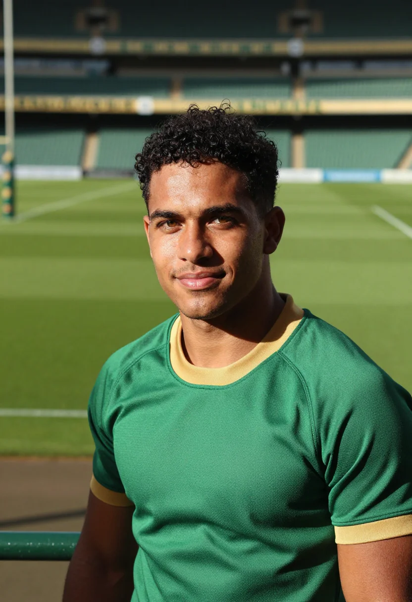 AI ellis park johannesburg springboks green gold sample — portrait of a man, a fan in his mid-twenties of Cape Coloure