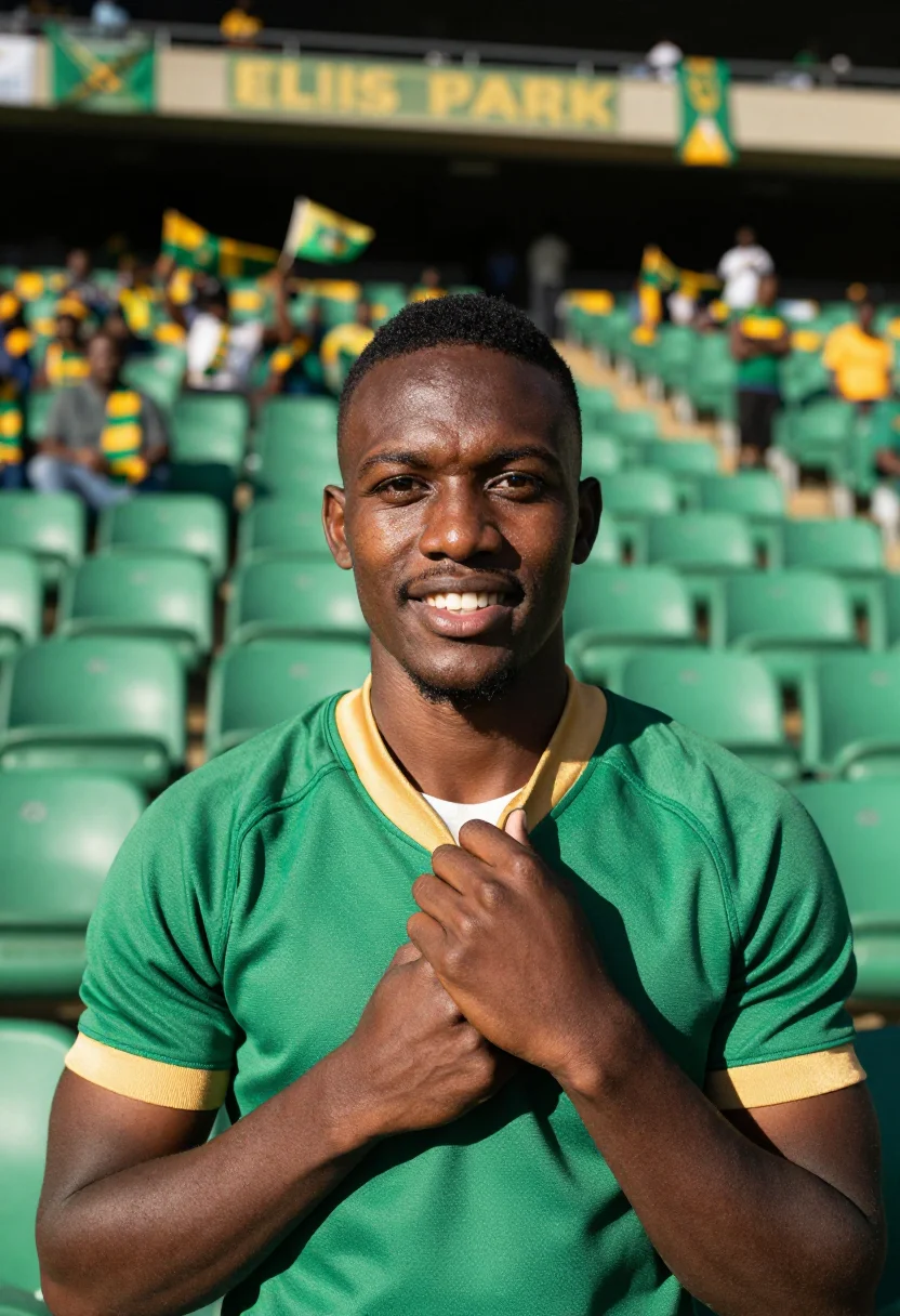AI ellis park johannesburg springboks green gold sample — portrait of a man, a fan in his late twenties of Zulu descen