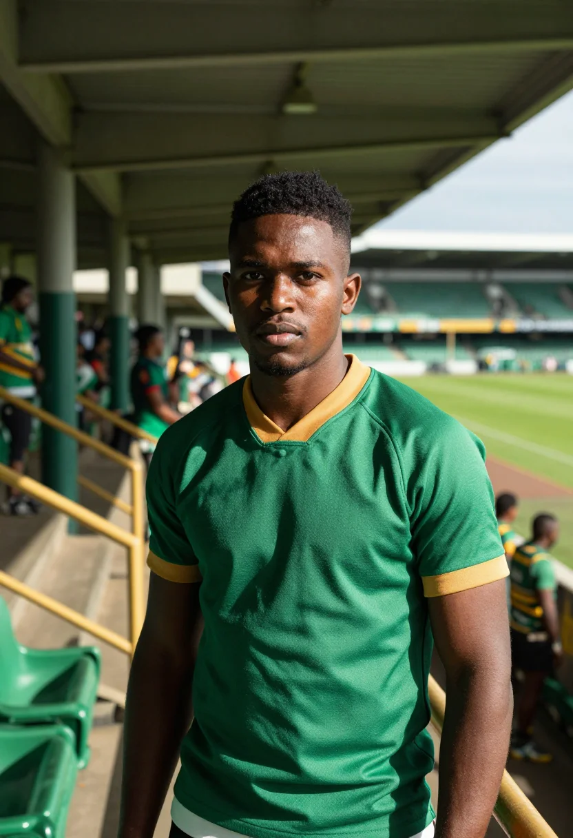 AI ellis park johannesburg springboks green gold sample — portrait of a man, a fan in his late twenties of Sotho desce