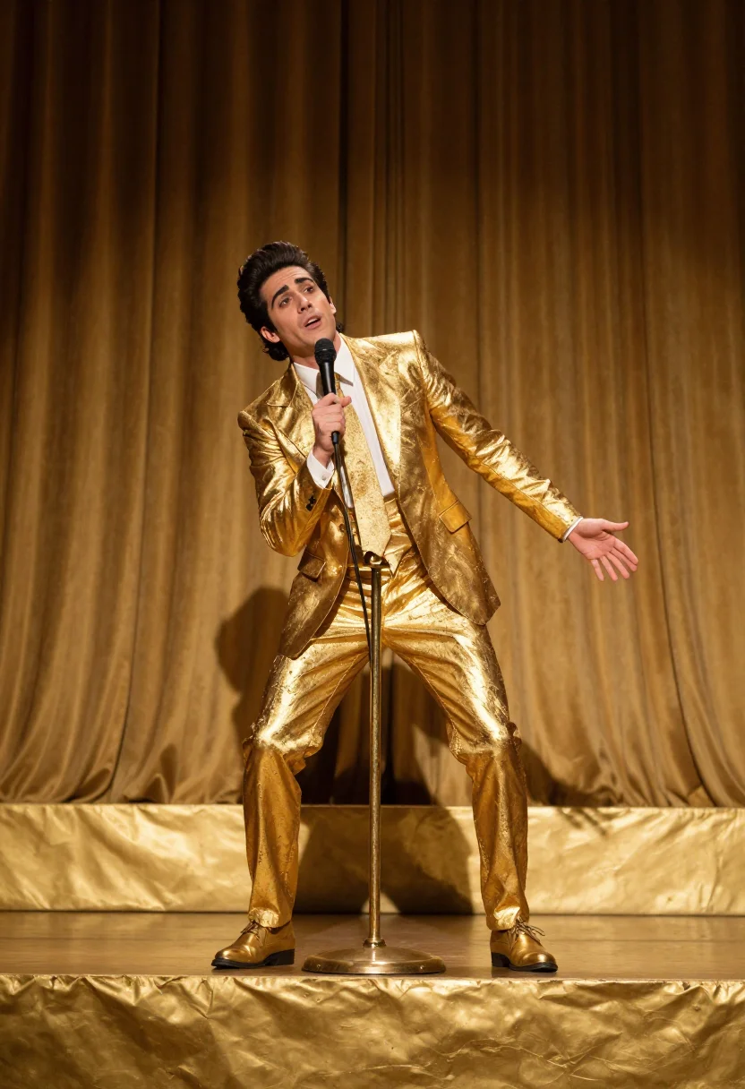 AI elvis gold lame sample — portrait of a man, full-length portrait of a Mediterranean m