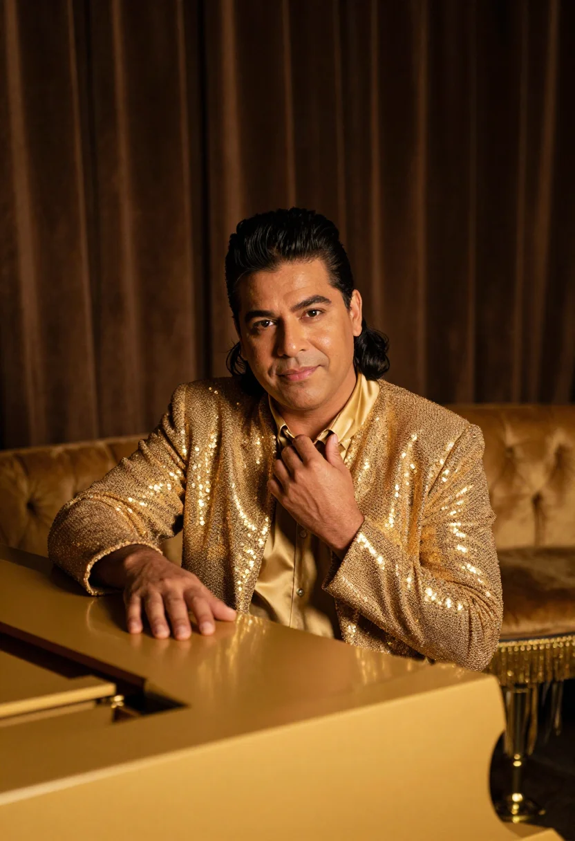 AI elvis gold lame sample — portrait of a man, chest-up portrait of a Latin-American man