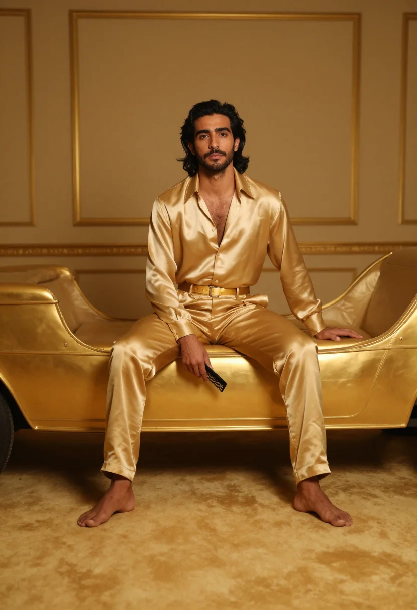 AI elvis gold lame sample — portrait of a man, full-length portrait of a Mediterranean m