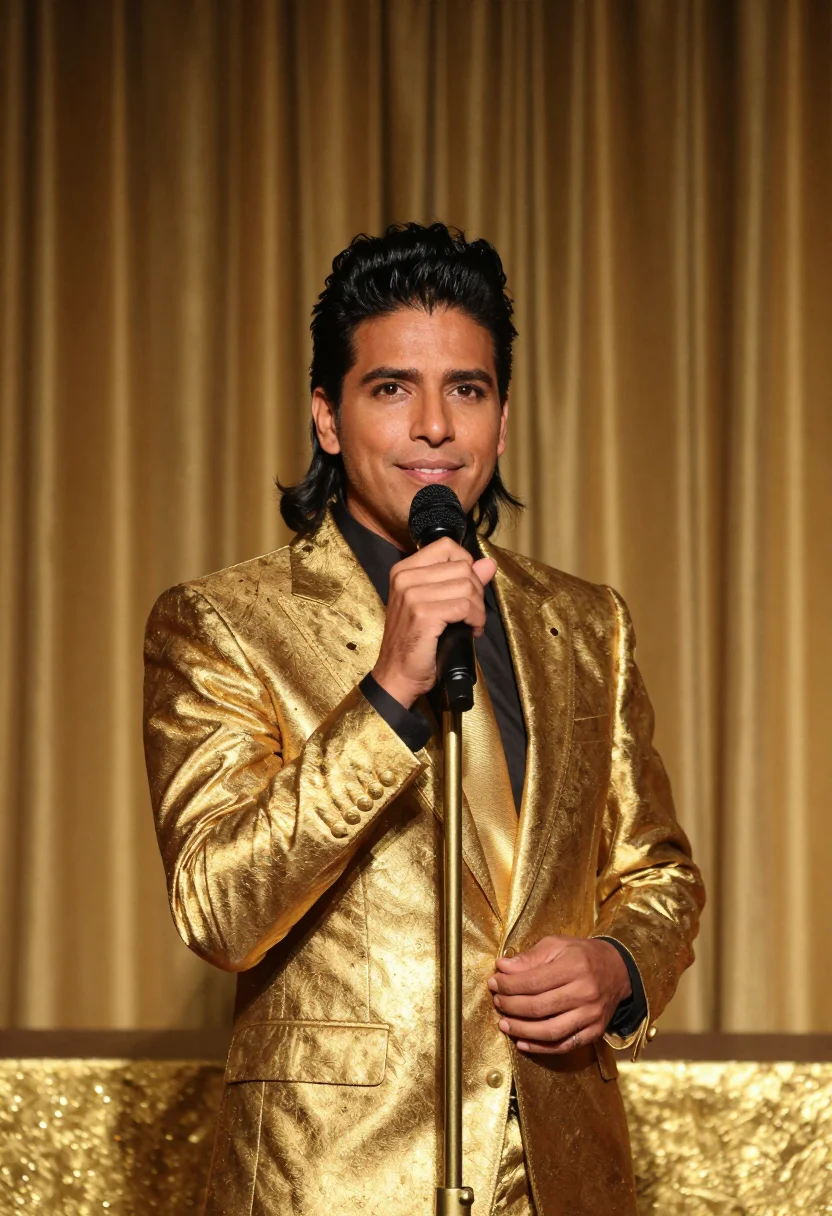 AI elvis gold lame sample — portrait of a man, chest-up portrait of a Latin-American man