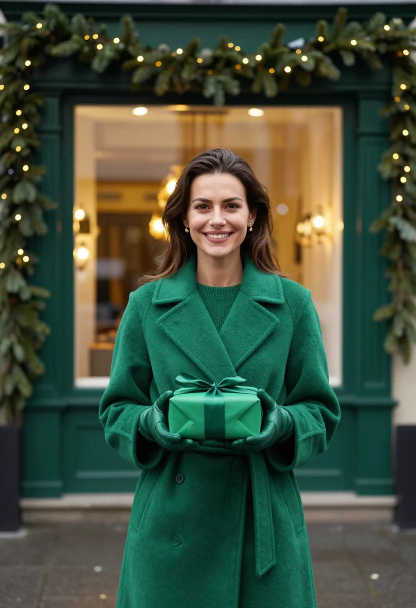 AI emerald shopfront sample — portrait of a woman, chest-up portrait of a Western-European