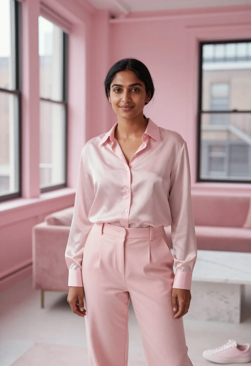 AI emily weiss glossier soho pink sample — portrait of a woman, an Indian-American woman in her early t